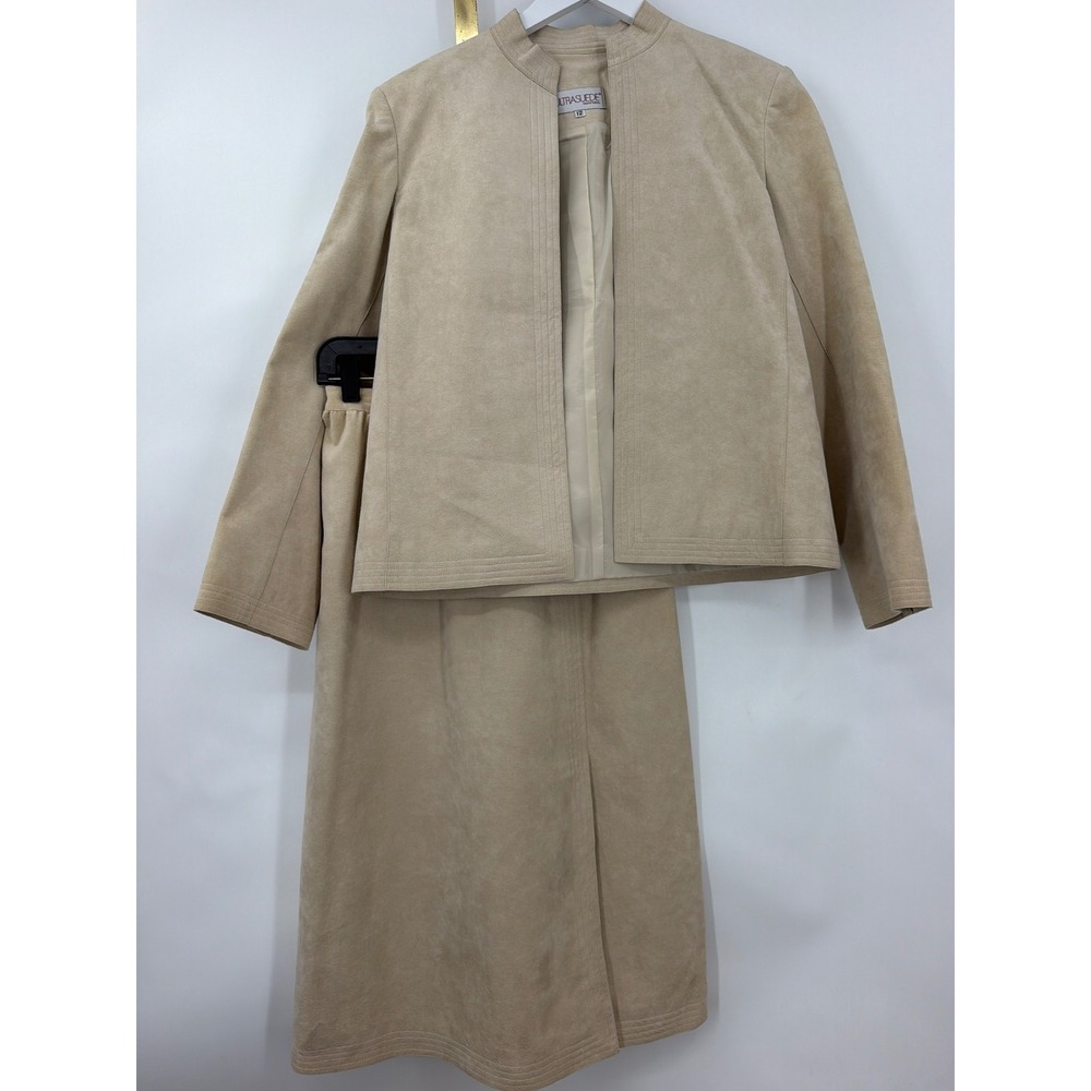 Vtg Ultrasuede Skirt Suit Set Beige Open Jacket Midi Skirt See Measurements M?